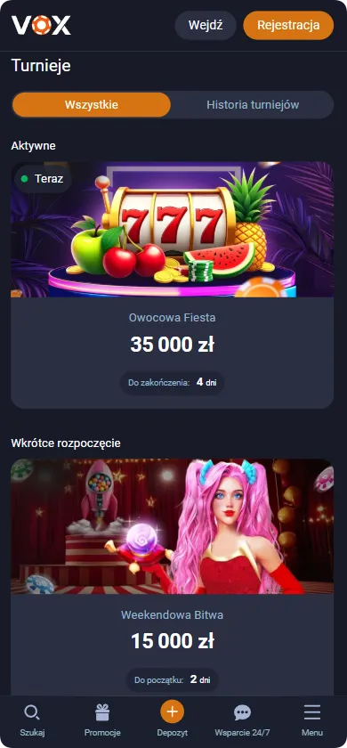 Aktywne turnieje w Vox Casino