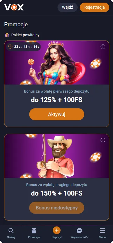 Strona bonusów i promocji Vox Casino