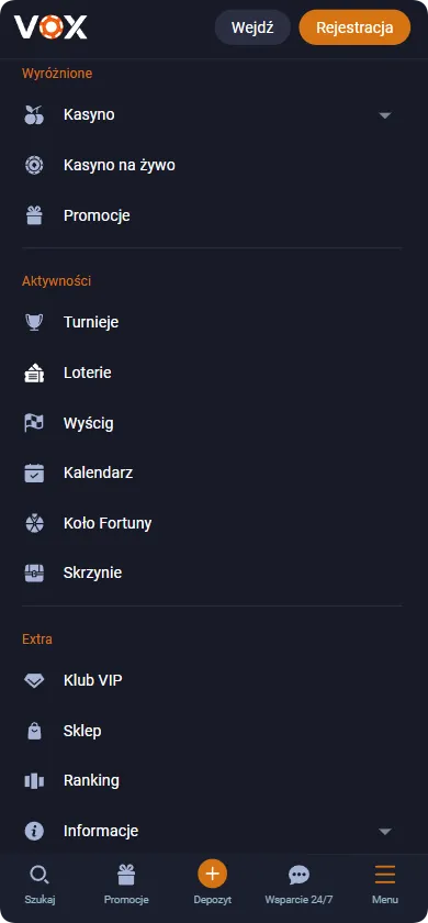 Główne menu w Vox Casino